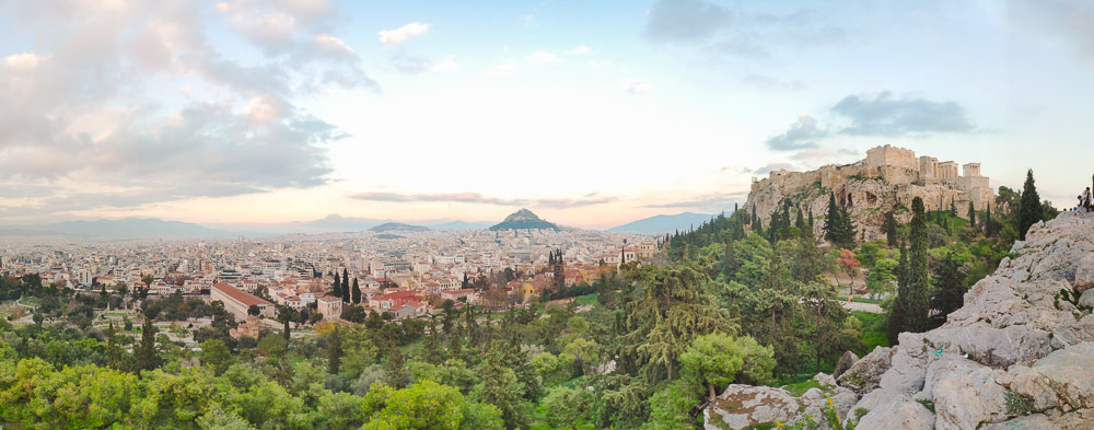 A panorama of the view towards the north of Athens from the Areopagus Hill.  The distinctive Lycabettus Hill can be seen in the distance.