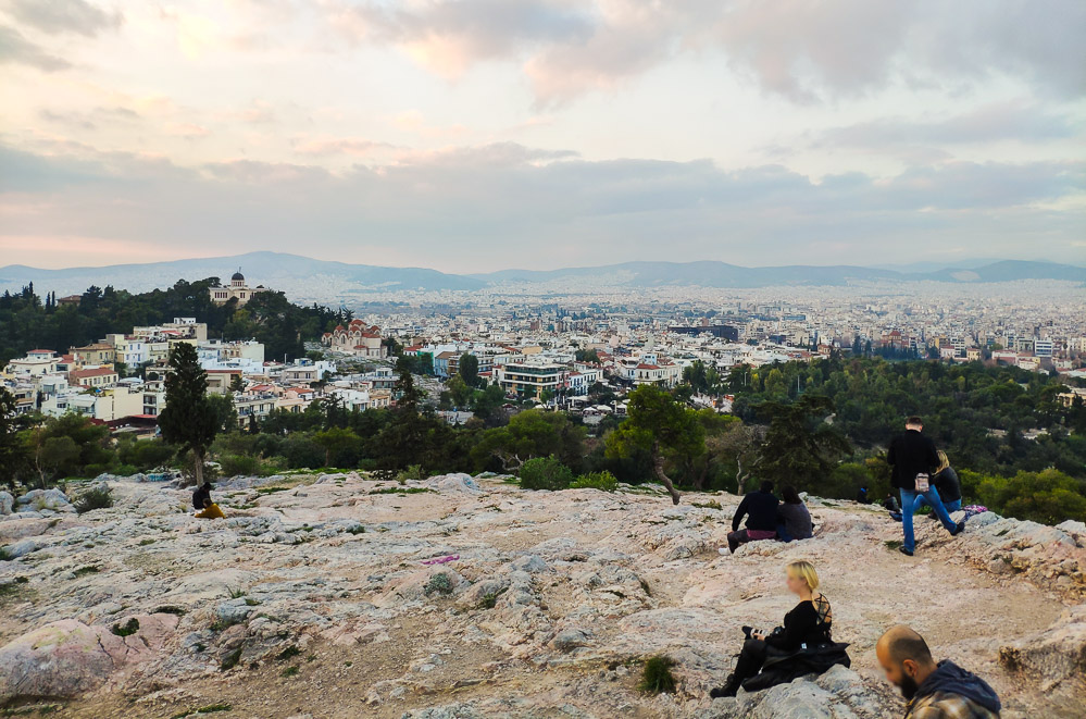 The view on a winter evening towards the southwest from the top of the hill with the National Observatory of Athens in view just to the left.