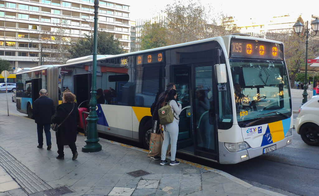 The bus operating airport express route X95 waiting for passengers at Syntagma Square.