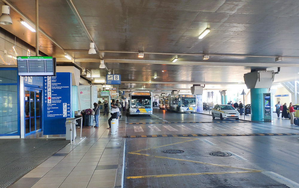The public bus stand on the arrivals level of Athens Airport.